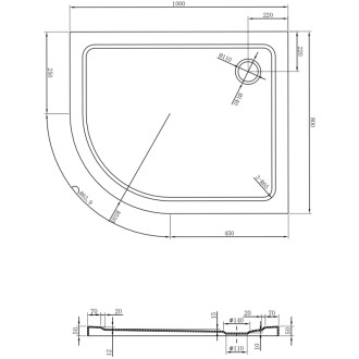 Mexen Flat brodzik półokrągły slim prawy 100 x 80 cm, czarny, syfon czarny - 41708010P-B