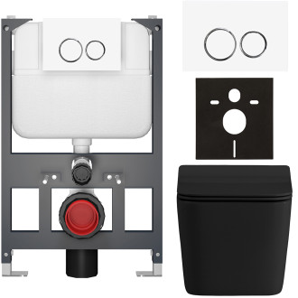 CERANO - Kompletní WC set Basic/Forte - černá matná - WC tlačítko Dualo/Bílá - závěsné - nízký modul - předstěnová instalace - 51x36 cm