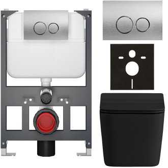 CERANO - Kompletní WC set Basic/Forte - černá matná - WC tlačítko Dualo/Stříbrná - závěsné - nízký modul - předstěnová instalace - 51x36 cm