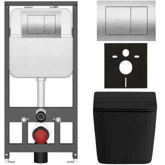 CERANO - Kompletní WC set Basic/Forte - černá matná - WC tlačítko Maxio/Stříbrná - závěsné - předstěnová instalace - 51x36 cm