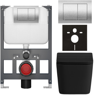 CERANO - Kompletní WC set Basic/Forte - černá matná - WC tlačítko Maxio/Stříbrná - závěsné - nízký modul - předstěnová instalace - 51x36 cm