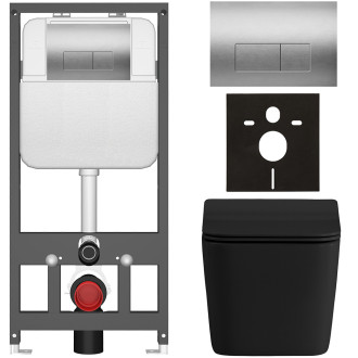 CERANO - Kompletní WC set Basic/Forte - černá matná - WC tlačítko Modulo/Stříbrná - závěsné - předstěnová instalace - 51x36 cm