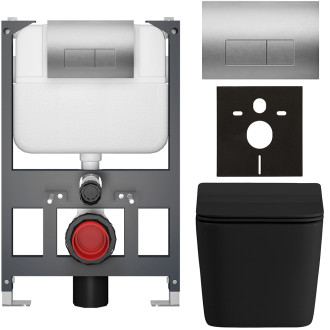 CERANO - Kompletní WC set Basic/Forte - černá matná - WC tlačítko Modulo/Stříbrná - závěsné - nízký modul - předstěnová instalace - 51x36 cm