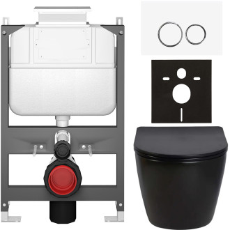 CERANO - Kompletní WC set Basic/Cesso - černá lesklá - WC tlačítko Dualo/Bílá - ovládání shora - předstěnová instalace - 49x36 cm