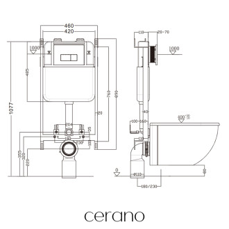 CERANO - Kompletní WC set Basic/Cesso - černá lesklá - WC tlačítko Dualo/Bílá - pro zazdění - 49x36 cm