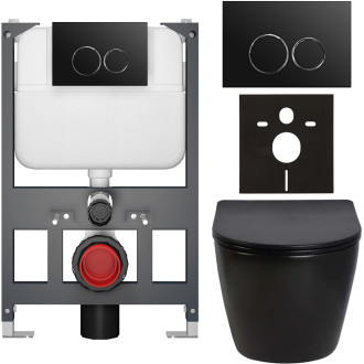 CERANO - Kompletní WC set Basic/Cesso - černá lesklá - WC tlačítko Dualo/Černá - závěsné - nízký modul - předstěnová instalace - 49x36 cm