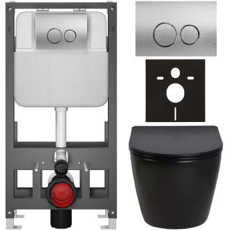 CERANO - Kompletní WC set Basic/Cesso - černá lesklá - WC tlačítko Dualo/Stříbrná - volně stojící - předstěnová instalace - 49x36 cm