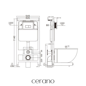CERANO - Kompletní WC set Basic/Cesso - černá lesklá - WC tlačítko Dualo/Stříbrná - volně stojící - předstěnová instalace - 49x36 cm