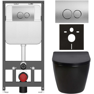 CERANO - Kompletní WC set Basic/Cesso - černá lesklá - WC tlačítko Dualo/Stříbrná - závěsné - předstěnová instalace - 49x36 cm