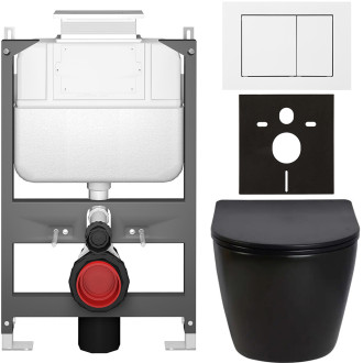 CERANO - Kompletní WC set Basic/Cesso - černá lesklá - WC tlačítko Maxio/Bílá - ovládání shora - předstěnová instalace - 49x36 cm