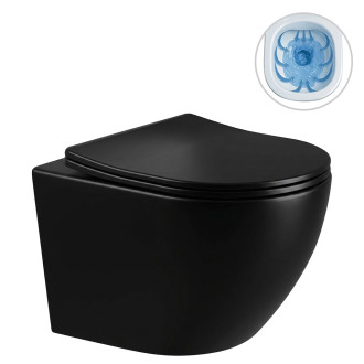 CERANO - Kompletní WC set Basic/Cesso - černá lesklá - WC tlačítko Maxio/Černá - závěsné - nízký modul - předstěnová instalace - 49x36 cm