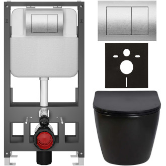 CERANO - Kompletní WC set Basic/Cesso - černá lesklá - WC tlačítko Maxio/Stříbrná - volně stojící - předstěnová instalace - 49x36 cm