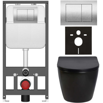 CERANO - Kompletní WC set Basic/Cesso - černá lesklá - WC tlačítko Maxio/Stříbrná - závěsné - předstěnová instalace - 49x36 cm