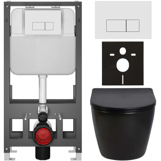 CERANO - Kompletní WC set Basic/Cesso - černá lesklá - WC tlačítko Modulo/Bílá - volně stojící - předstěnová instalace - 49x36 cm