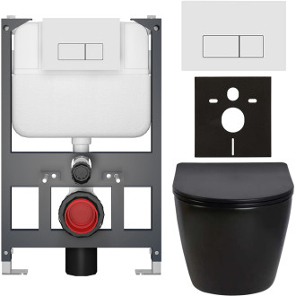 CERANO - Kompletní WC set Basic/Cesso - černá lesklá - WC tlačítko Modulo/Bílá - závěsné - nízký modul - předstěnová instalace - 49x36 cm
