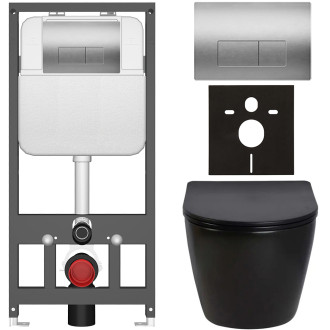 CERANO - Kompletní WC set Basic/Cesso - černá lesklá - WC tlačítko Modulo/Stříbrná - závěsné - předstěnová instalace - 49x36 cm