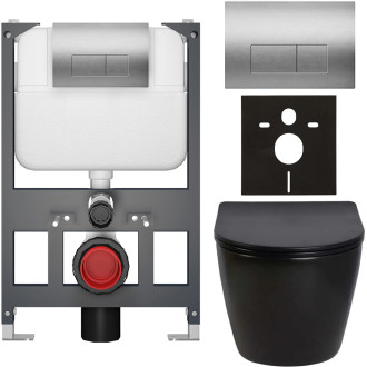 CERANO - Kompletní WC set Basic/Cesso - černá lesklá - WC tlačítko Modulo/Stříbrná - závěsné - nízký modul - předstěnová instalace - 49x36 cm