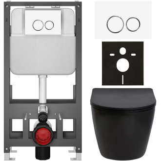 CERANO - Kompletní WC set Basic/Cesso - černá matná - WC tlačítko Dualo/Bílá - volně stojící - předstěnová instalace - 49x36 cm
