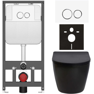 CERANO - Kompletní WC set Basic/Cesso - černá matná - WC tlačítko Dualo/Bílá - závěsné - předstěnová instalace - 49x36 cm