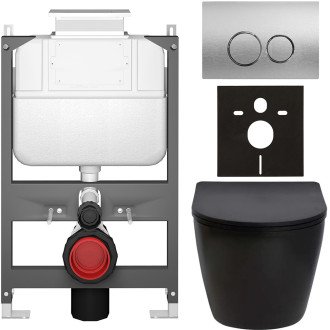 CERANO - Kompletní WC set Basic/Cesso - černá matná - WC tlačítko Dualo/Stříbrná - ovládání shora - předstěnová instalace - 49x36 cm