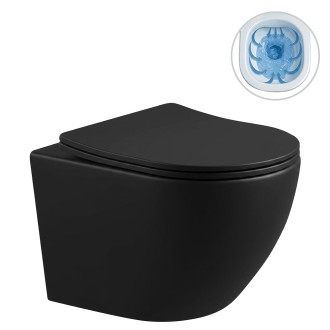 CERANO - Kompletní WC set Basic/Cesso - černá matná - WC tlačítko Dualo/Stříbrná - ovládání shora - předstěnová instalace - 49x36 cm