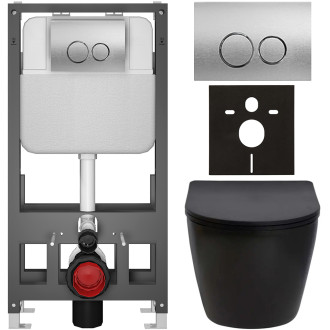 CERANO - Kompletní WC set Basic/Cesso - černá matná - WC tlačítko Dualo/Stříbrná - volně stojící - předstěnová instalace - 49x36 cm