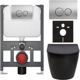 CERANO - Kompletní WC set Basic/Cesso - černá matná - WC tlačítko Dualo/Stříbrná - závěsné - nízký modul - předstěnová instalace - 49x36 cm