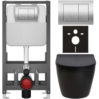 CERANO - Kompletní WC set Basic/Cesso - černá matná - WC tlačítko Maxio/Stříbrná - volně stojící - předstěnová instalace - 49x36 cm