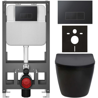 CERANO - Kompletní WC set Basic/Cesso - černá matná - WC tlačítko Modulo/Černá - volně stojící - předstěnová instalace - 49x36 cm