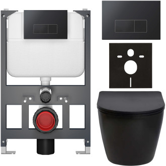 CERANO - Kompletní WC set Basic/Cesso - černá matná - WC tlačítko Modulo/Černá - závěsné - nízký modul - předstěnová instalace - 49x36 cm