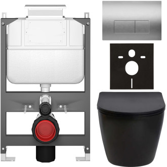 CERANO - Kompletní WC set Basic/Cesso - černá matná - WC tlačítko Modulo/Stříbrná - ovládání shora - předstěnová instalace - 49x36 cm