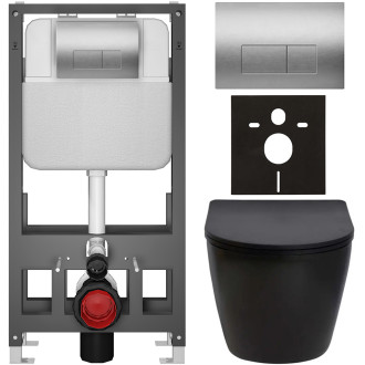 CERANO - Kompletní WC set Basic/Cesso - černá matná - WC tlačítko Modulo/Stříbrná - volně stojící - předstěnová instalace - 49x36 cm