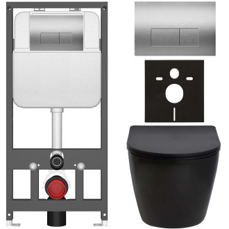 CERANO - Kompletní WC set Basic/Cesso - černá matná - WC tlačítko Modulo/Stříbrná - závěsné - předstěnová instalace - 49x36 cm