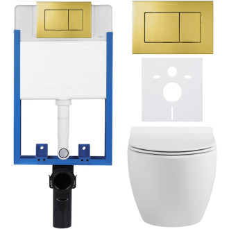CERANO - Kompletní WC set Profi/Dure - bílá lesklá - WC tlačítko Classic/Zlatá - pro zazdění - 51x35 cm