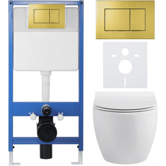 CERANO - Kompletní WC set Profi/Dure - bílá lesklá - WC tlačítko Classic/Zlatá - předstěnová instalace - 51x35 cm