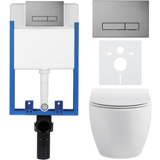 CERANO - Kompletní WC set Profi/Dure - bílá lesklá - WC tlačítko Slim/Tmavě šedá - pro zazdění - 51x35 cm