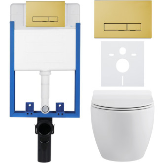 CERANO - Kompletní WC set Profi/Dure - bílá lesklá - WC tlačítko Slim/Zlatá - pro zazdění - 51x35 cm