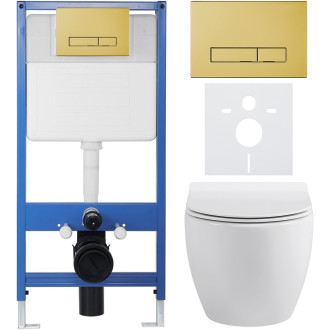 CERANO - Kompletní WC set Profi/Dure - bílá lesklá - WC tlačítko Slim/Zlatá - předstěnová instalace - 51x35 cm