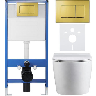 CERANO - Kompletní WC set Profi/Felci - bílá lesklá - WC tlačítko Classic/Zlatá - předstěnová instalace - 52,5x36 cm