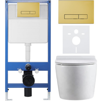 CERANO - Kompletní WC set Profi/Felci - bílá lesklá - WC tlačítko Slim/Zlatá - předstěnová instalace - 52,5x36 cm