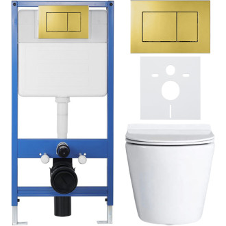 CERANO - Kompletní WC set Profi/Carlito - bílá lesklá - WC tlačítko Classic/Zlatá - předstěnová instalace - 48,5x36,5 cm