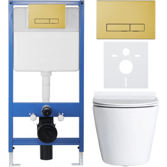 CERANO - Kompletní WC set Profi/Carlito - bílá lesklá - WC tlačítko Slim/Zlatá - předstěnová instalace - 48,5x36,5 cm
