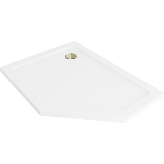 Mexen Plochá pětiúhelníková sprchová vanička úzká levá 100 x 80 cm, bílá, zlatý sifon - 41P108010L-G