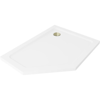 Mexen Plochá pětiúhelníková úzká sprchová vanička pravá 100 x 90 cm, bílá, zlatý sifon - 41P109010R-G