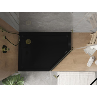 Mexen Flat brodzik pięciokątny slim lewy 90 x 80 cm, czarny, syfon złoty - 41P708090L-G