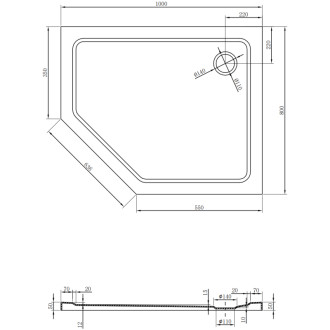 Mexen Flat brodzik pięciokątny slim prawy 100 x 80 cm, czarny, syfon złoty - 41P708010R-G