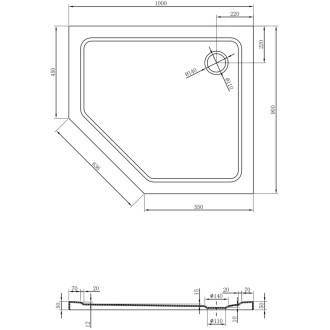 Mexen Flat brodzik pięciokątny slim prawy 100 x 90 cm, czarny, syfon czarny - 41P709010R-B
