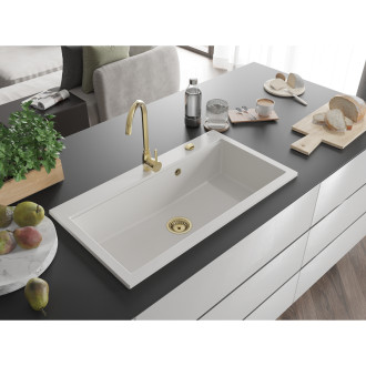 Mexen Slido zlewozmywak granitowy 1-komorowy 900 x 500 mm, biały, syfon złoty - 6528901005-20-G
