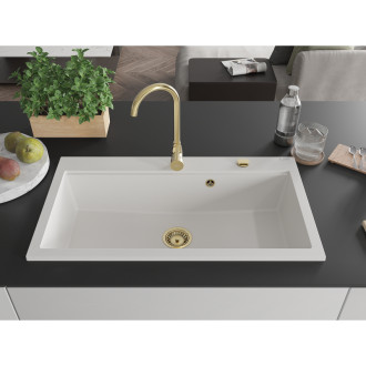 Mexen Slido zlewozmywak granitowy 1-komorowy 900 x 500 mm, biały, syfon złoty - 6528901005-20-G