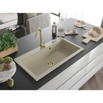 Mexen Slido zlewozmywak granitowy 1-komorowy 900 x 500 mm, beżowy, syfon złoty - 6528901005-69-G